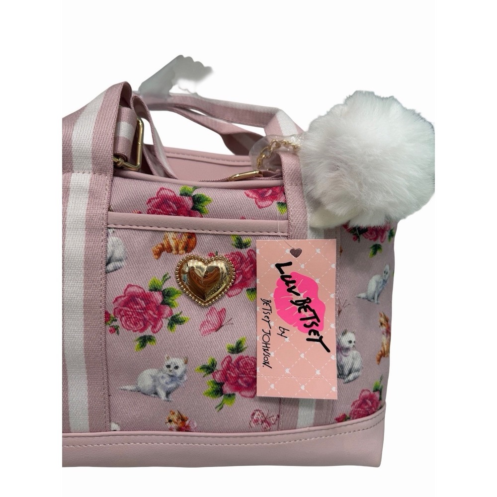 Betsey Johnson Pink Roses & Cats Crossbody Tote Bag w Kitty Cat Charm NEW
